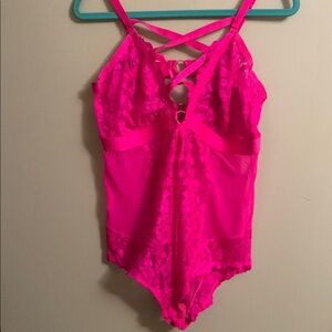 Torrid Pink Bodysuit with Plunging Neckline and Scalloped Edges